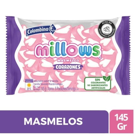 MASMELOS MILLOWS CORAZONES X 145 GR CJ X 12 UND